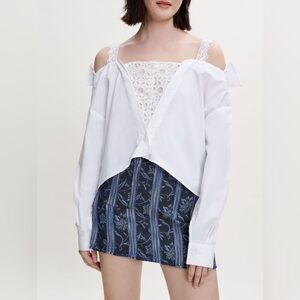 Maje Trompe l'oeil Off Shoulder Collar Long Sleeve Adjustable Lace Blouse Top